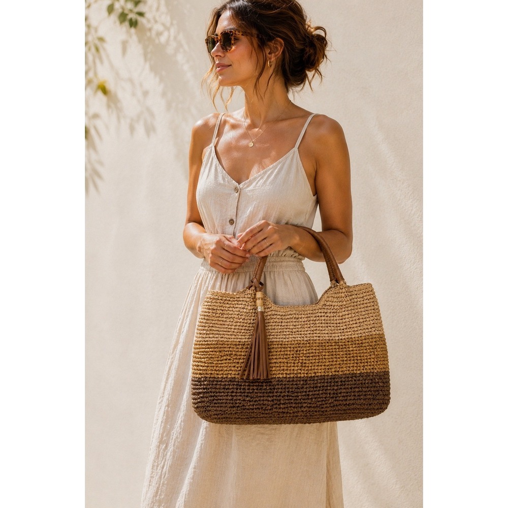 Tommy Bahama Colorblock Woven Straw Tote Bag Tan Coastal Resort Vacation NWT - Picture 11 of 11
